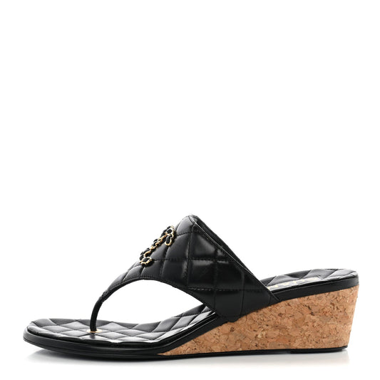 Shiny Goatskin Cork CC Wedge Sandals Black