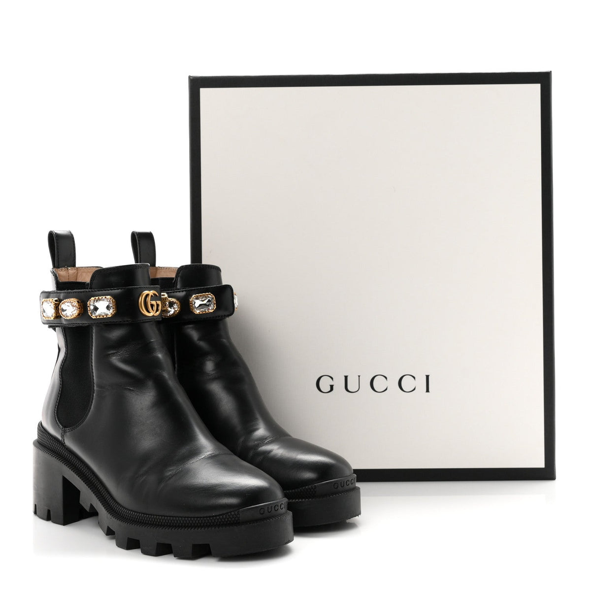 Gucci Calfskin Women's Crystal GG Trip Chelsea Ankle Boots 36.5 Black