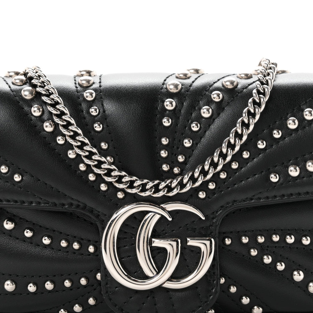 Gucci Calfskin Matelasse Studded Super Mini GG Marmont Shoulder Bag Black