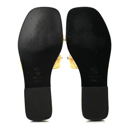 Chanel Crackled Laminated Calfskin CC Cut Out Women's Mules Gold