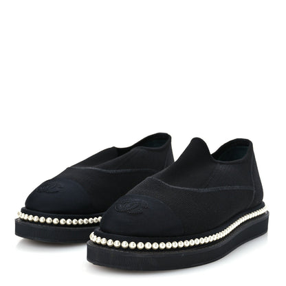 Chanel Stretch Fabric Grosgrain Women's Pearl Cap Toe CC Loafers 35.5 Black