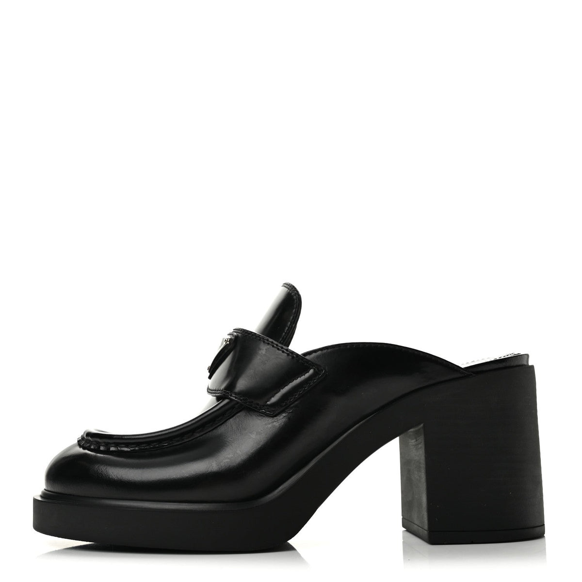 Prada Spazzolato Women's Triangle Logo Platform Loafer Mules 38.5 Black
