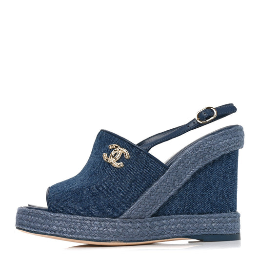Washed Denim Braided Cord Wedge Sandals Blue