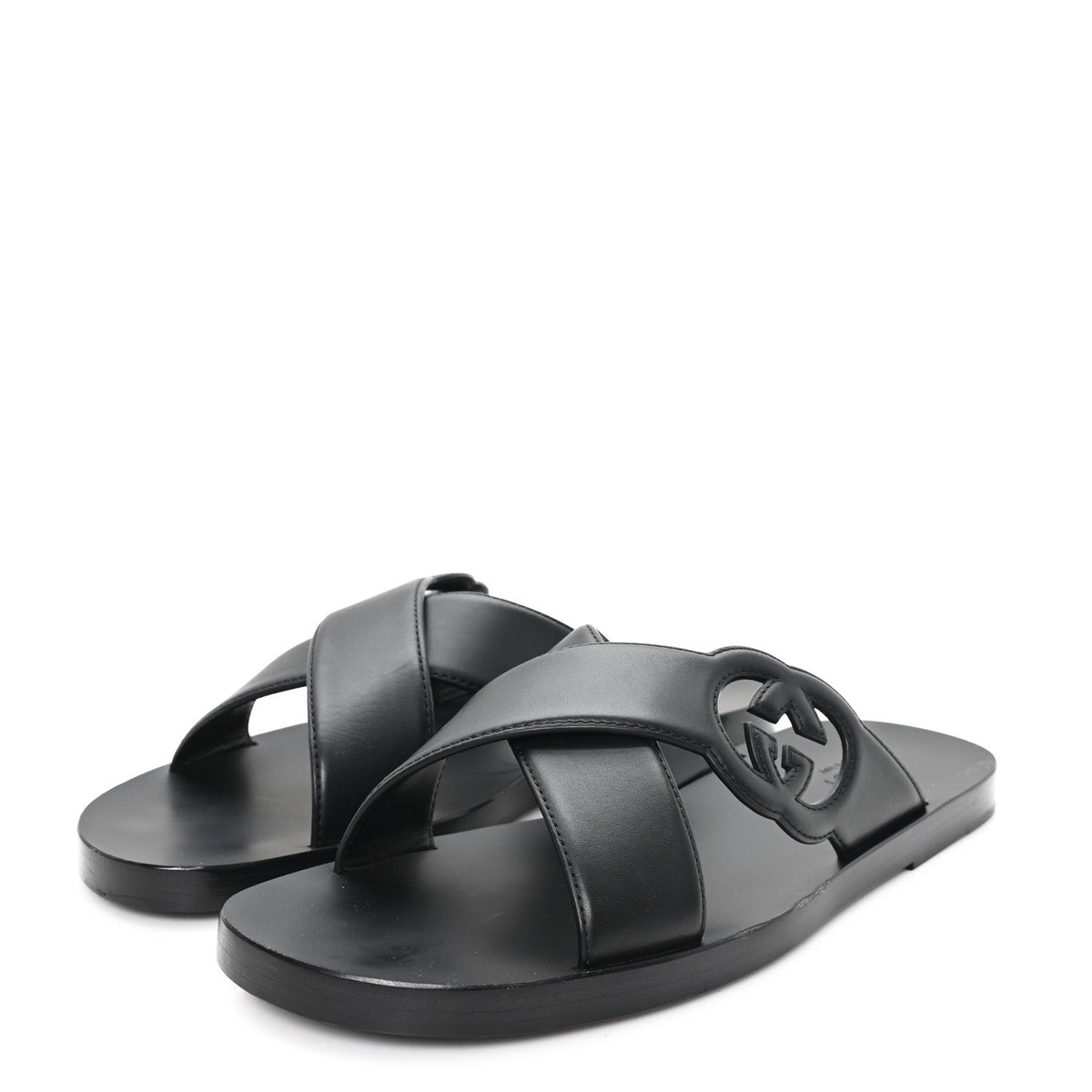 Gucci Cosmos Softy Calfskin Interlocking G Slide Sandals 12 Black
