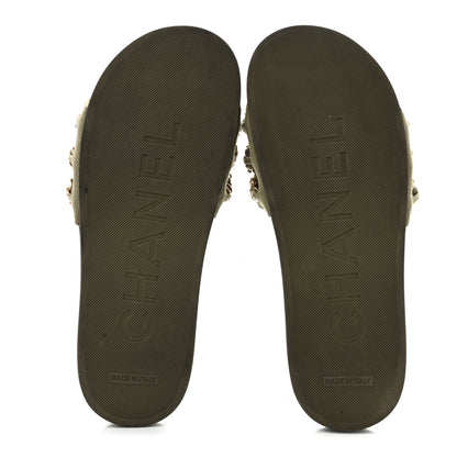 Chanel Canvas Women's Chain Flat Sandals 38 Khaki