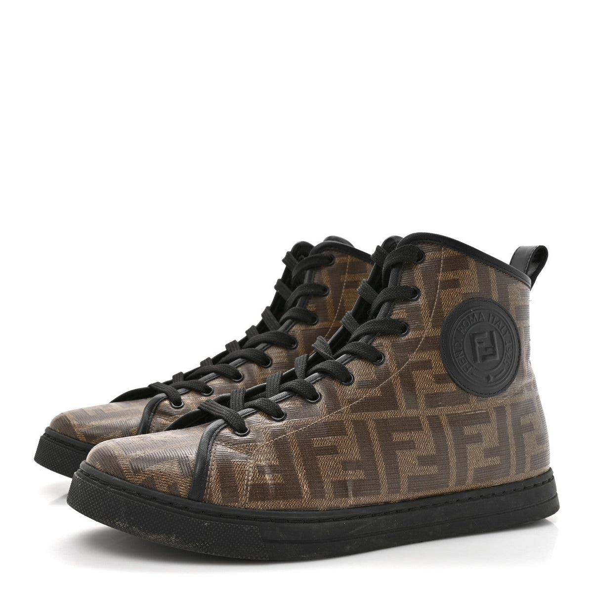 Fendi Coated Canvas FF 1974 Women's High Top Sneakers 37.5 Mogano Panna Black