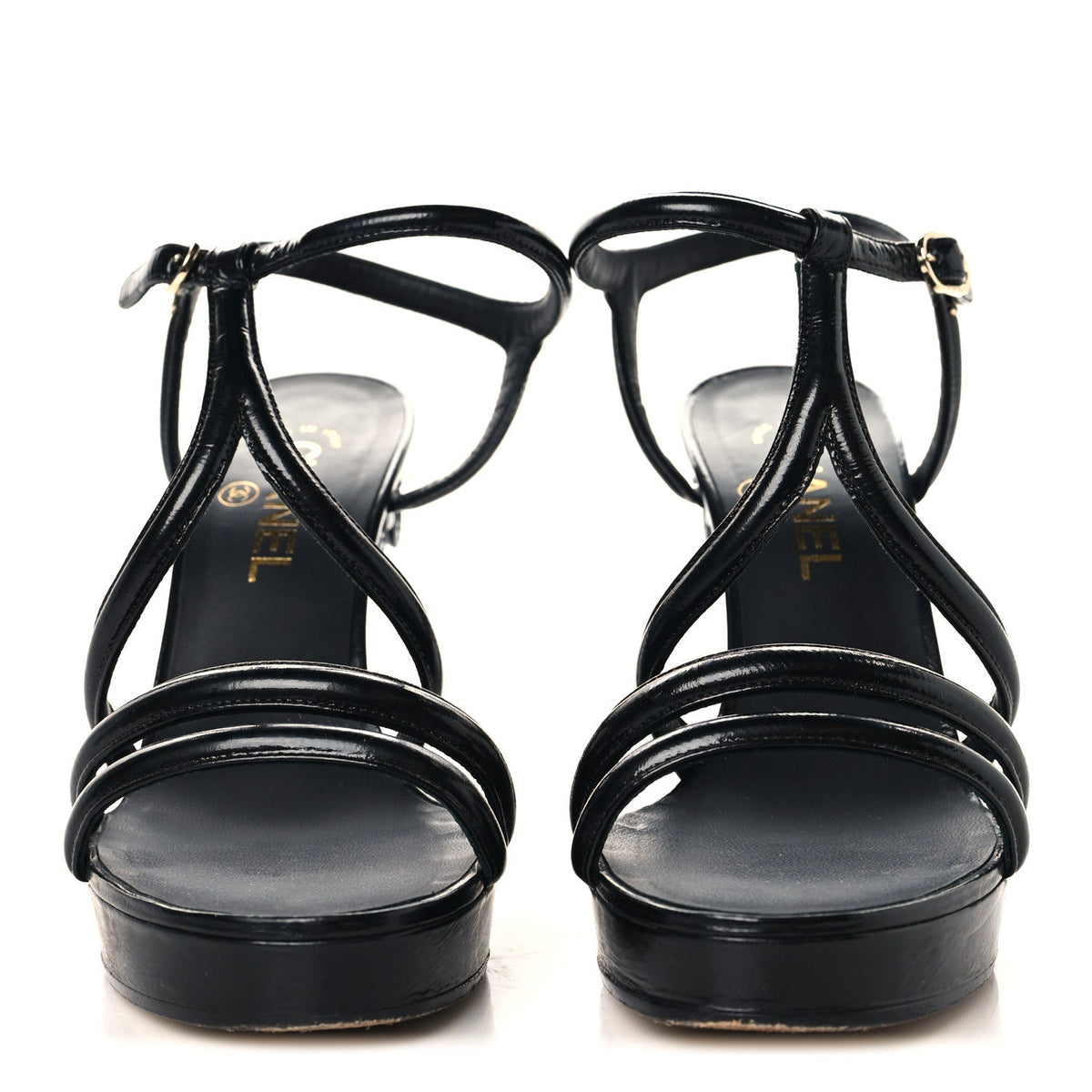 Chanel Patent Crumpled Calfskin Women's Parthenon Platform Sandals 39.5 Black