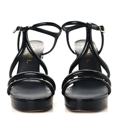 Chanel Patent Crumpled Calfskin Women's Parthenon Platform Sandals 39.5 Black