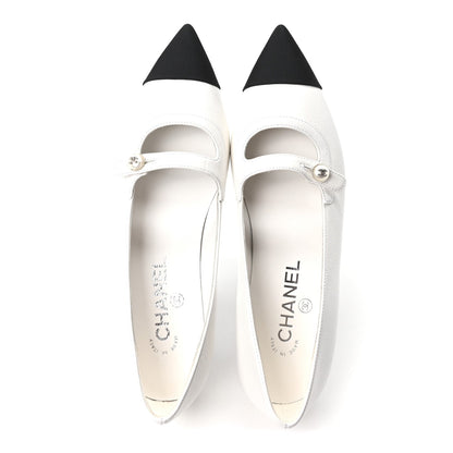 Chanel Lambskin Grosgrain Women's Pearl Mary Janes Flats 37.5 White Black