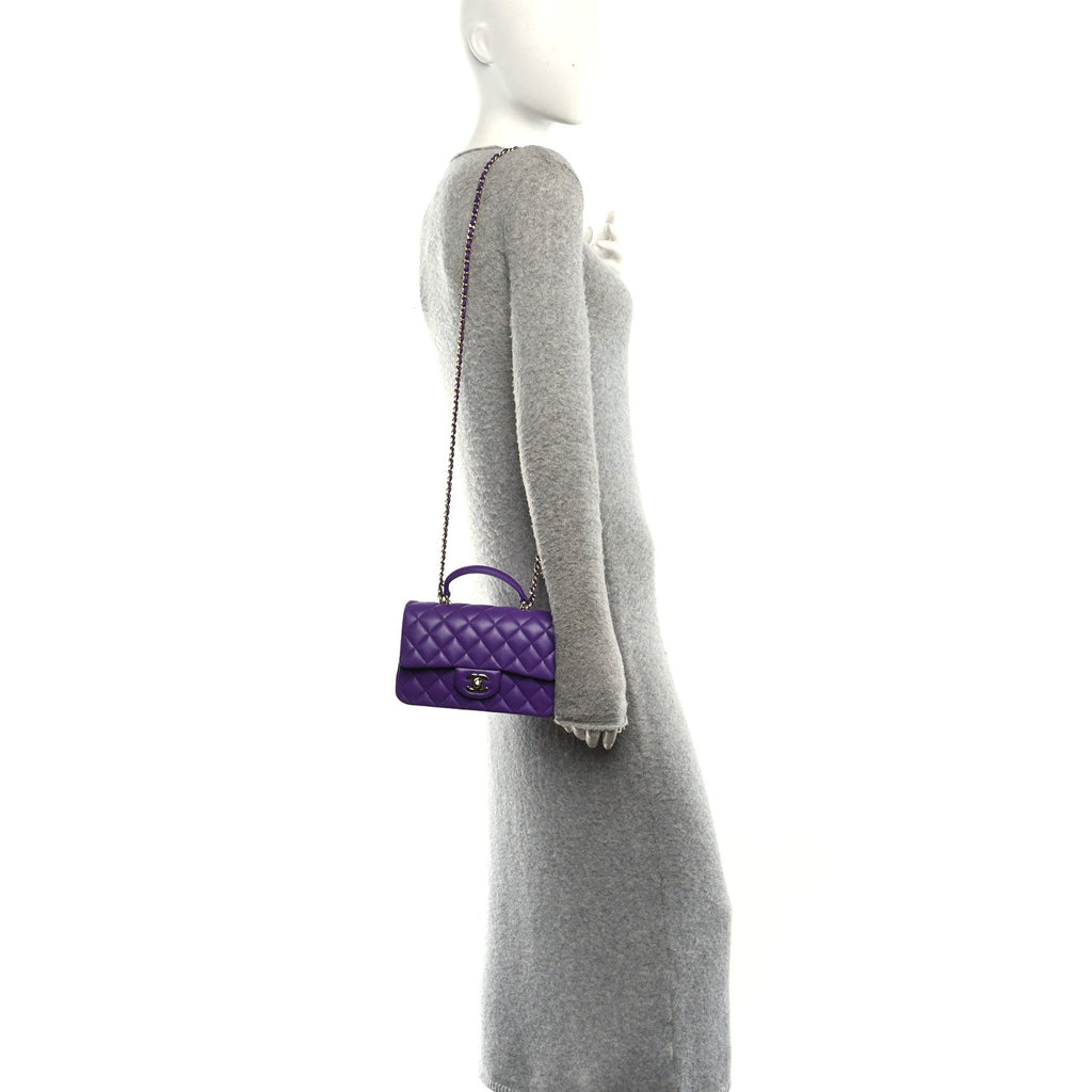 Chanel Lambskin Quilted Mini Top Handle Rectangular Flap Dark Purple