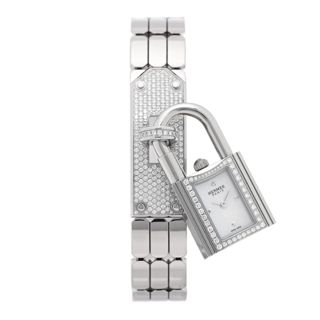 Hermes Stainless Steel Diamond 16mm Kelly Quartz Watch White 1921188
