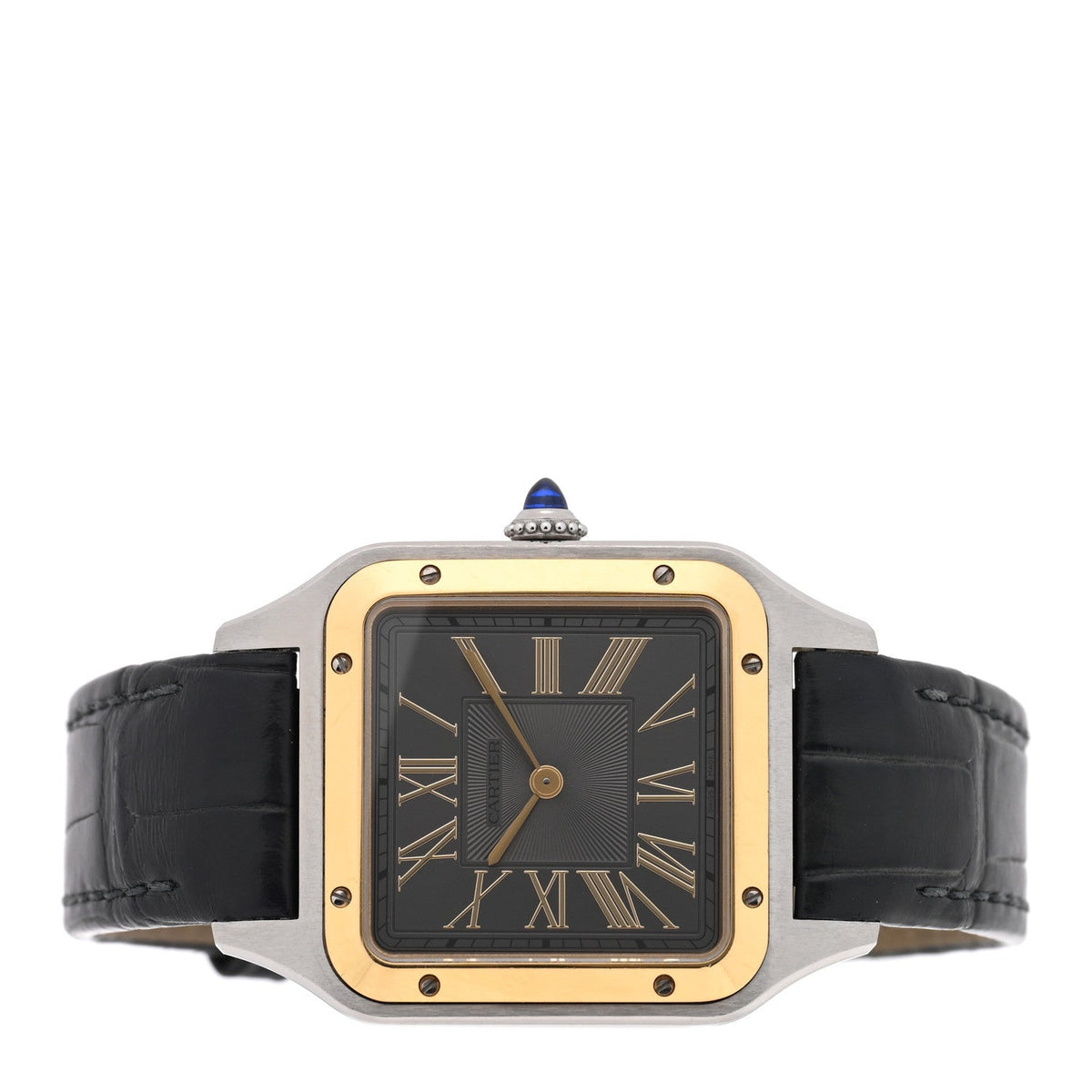 Cartier Stainless Steel 18K Yellow Gold Alligator 31.4mm Santos Dumont Watch Grey