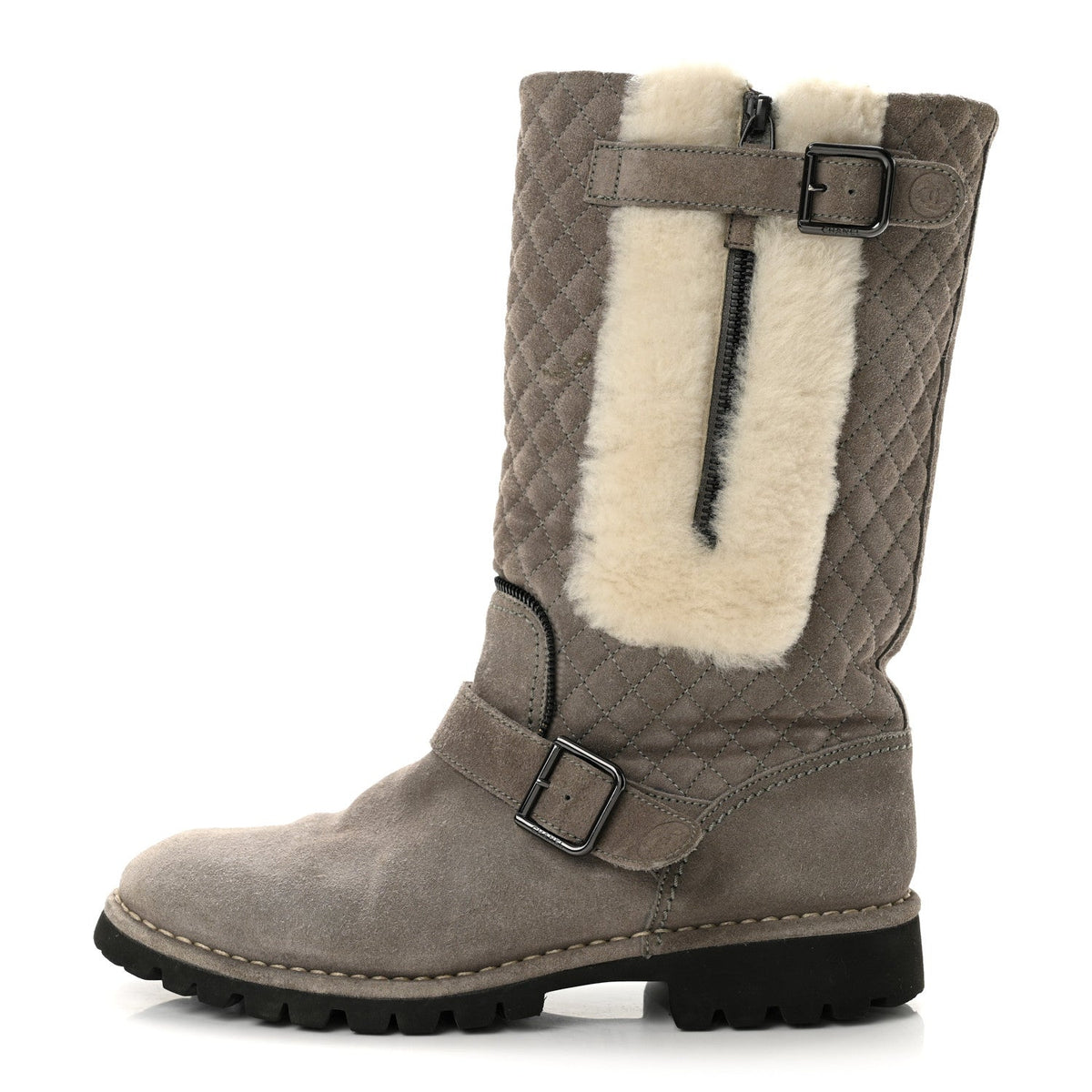 Shearling Suede Calfskin Quilted High Biker Boots Grey