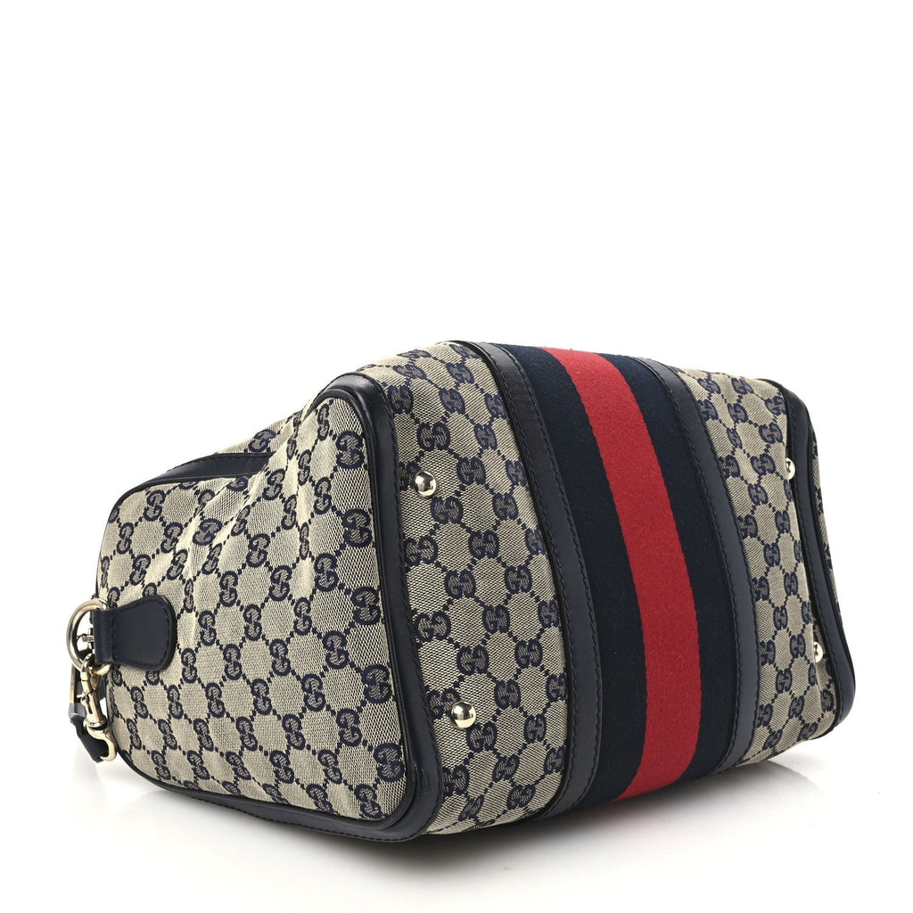 Gucci Monogram Selleria Calfskin Vintage Web Medium Boston Beige Blue