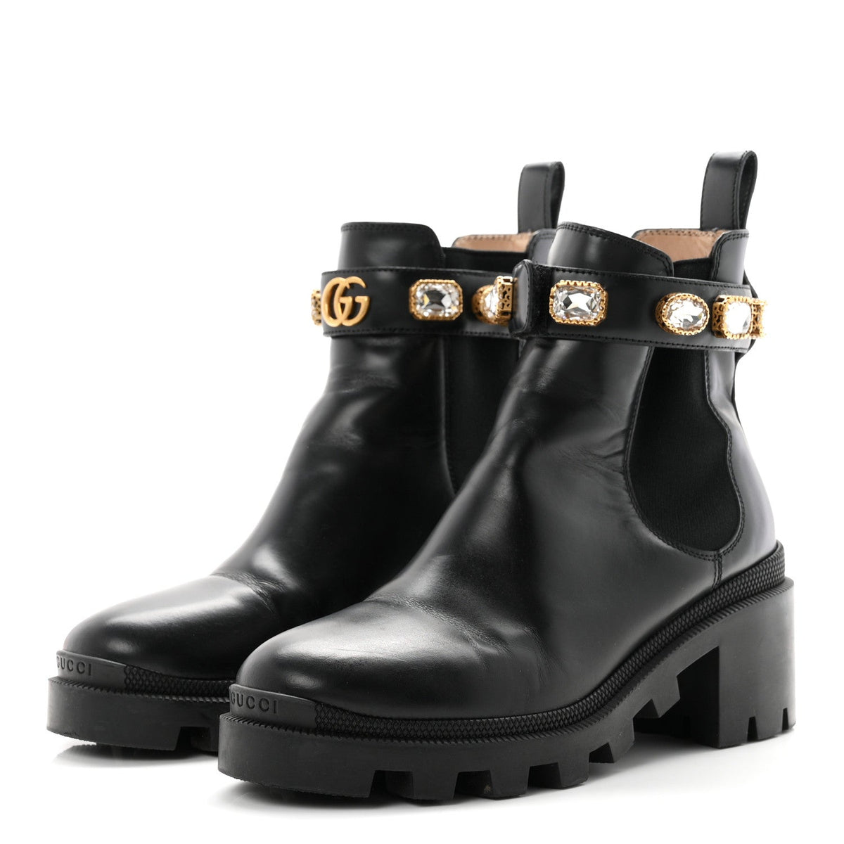 Gucci Calfskin Women's Crystal GG Trip Chelsea Ankle Boots 36.5 Black