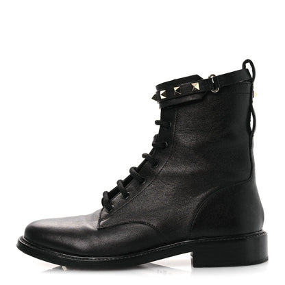 Valentino Garavani Calfskin Women's Rockstud Combat Ankle Boots 37 Black
