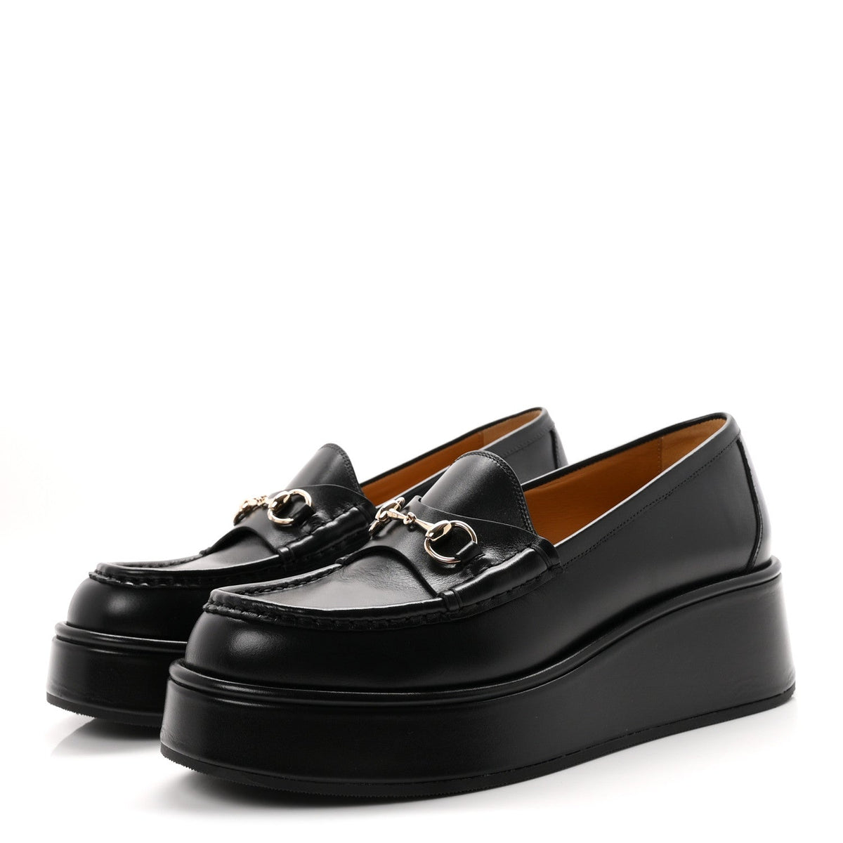Gucci Kama Calfskin Women's Horsebit Wedge Platform Loafers 38.5 Black