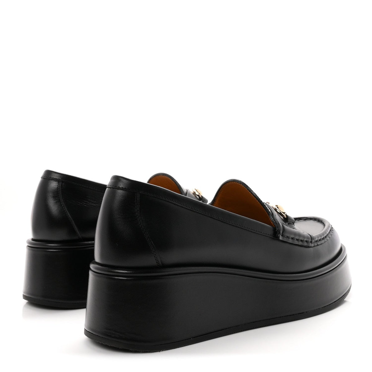 Gucci Kama Calfskin Women's Horsebit Wedge Platform Loafers 38.5 Black