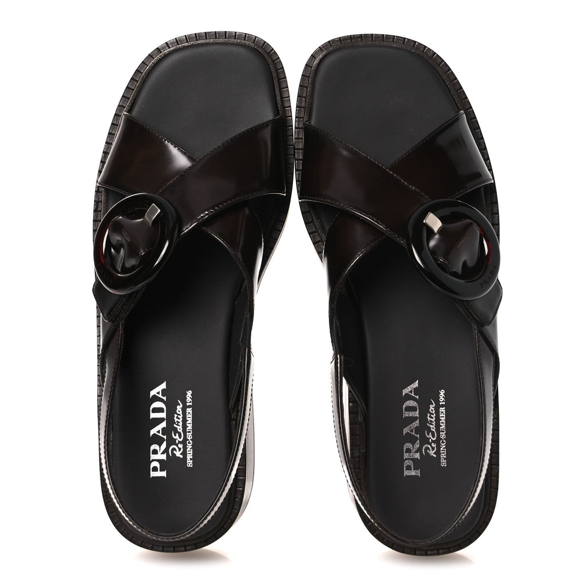Prada Spazzolato Fume Women's Re-Edition 1996 Buckle Sandals 41 Bruciato