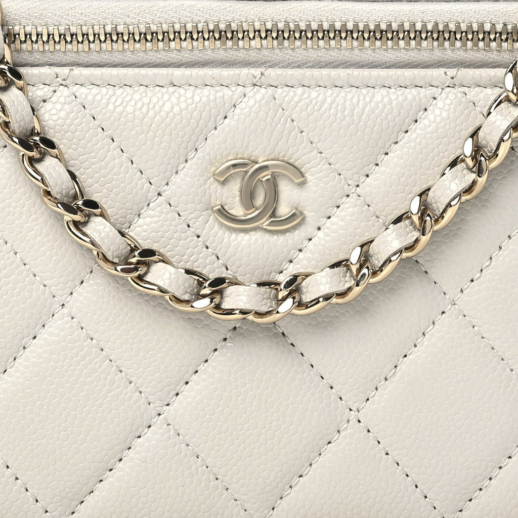 Chanel Caviar Quilted Small Tiny CC Vanity Case With Chain Light Grey