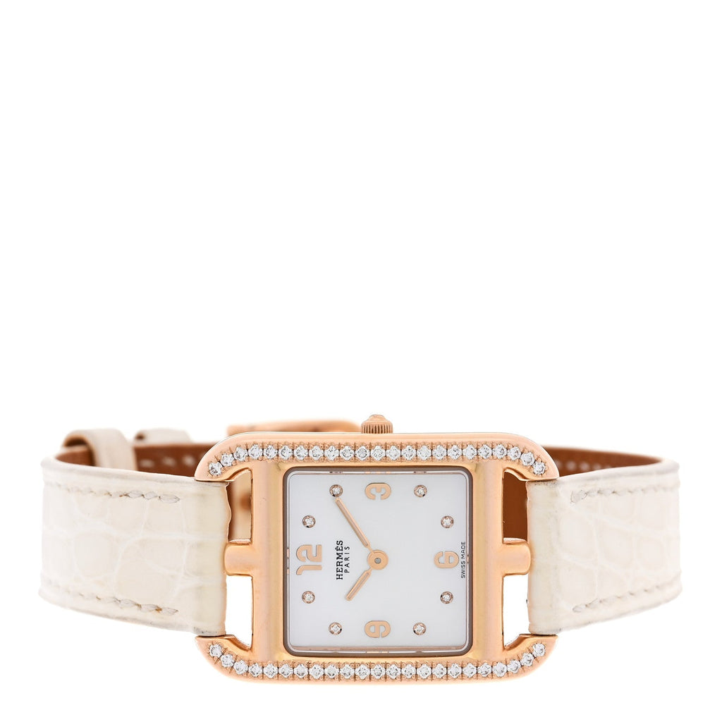 Hermes 18K Yellow Gold Alligator 23mm Cape Cod Quartz Watch Craie