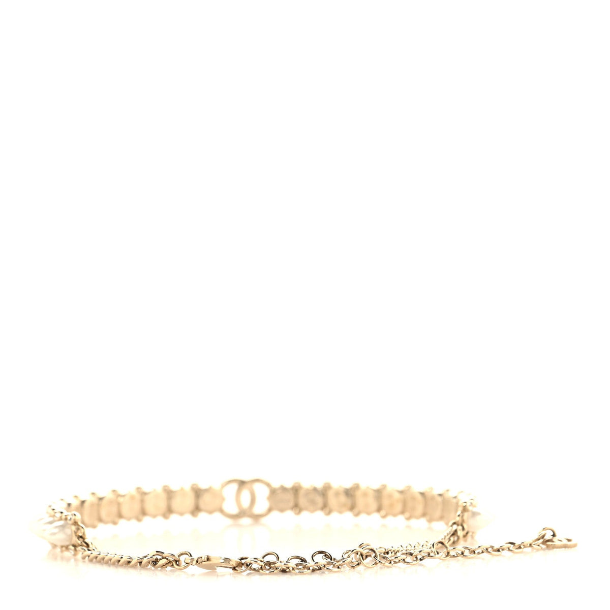 Strass Crystal Studded Pearl CC Choker Necklace Gold Pearly White