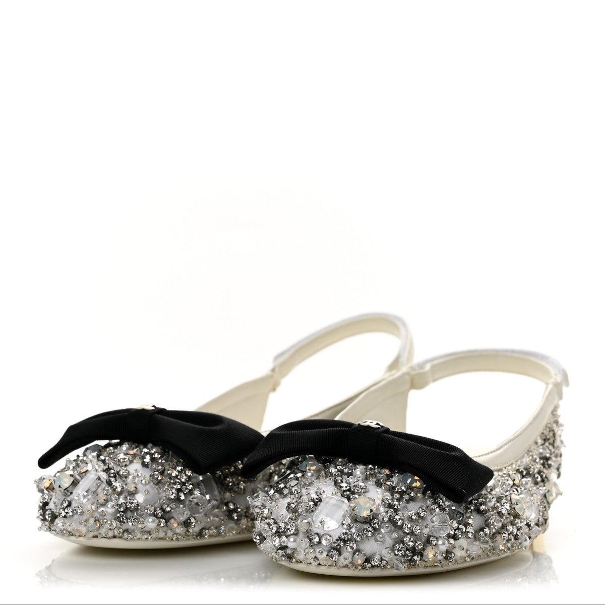 Chanel Satin Crystal Grosgrain Bow CC Slingback Women's Flats