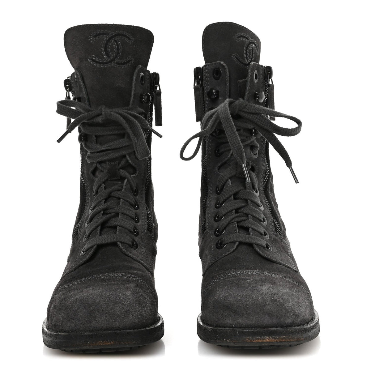 Chanel Suede Women's Quilted CC Tall Lace Up Combat Boots 38 Grey