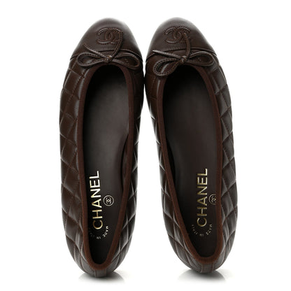 Chanel Lambskin Quilted CC Women's Ballerina Flats 38 Dark Brown