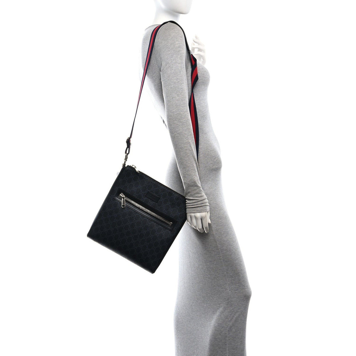 Gucci GG Supreme Calfskin Web Flat Messenger Bag Black Grey