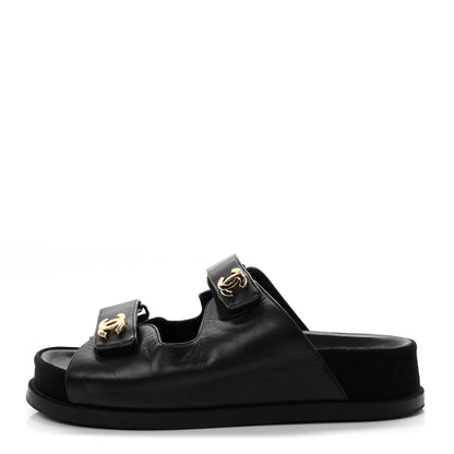 Chanel Lambskin Velcro Dad Chain CC Women's Slide Sandals Black