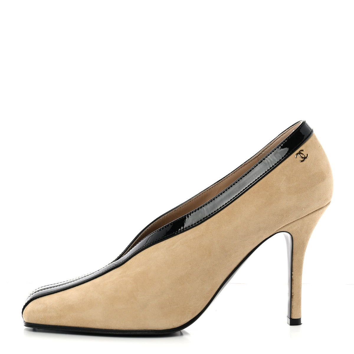 Suede Patent Calfskin Pumps Beige Black