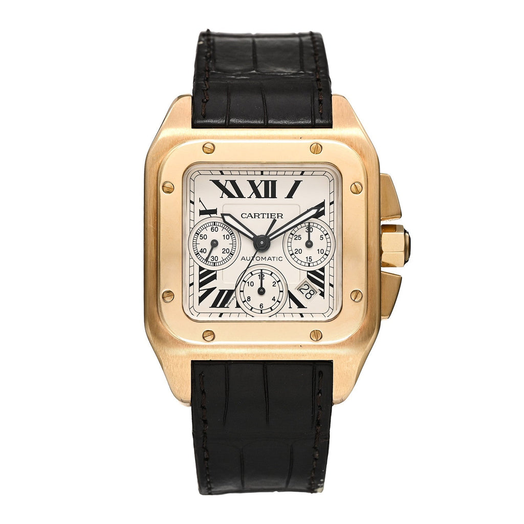 Cartier 18K Yellow Gold Alligator 41.5mm Santos 100 Chronograph Watch