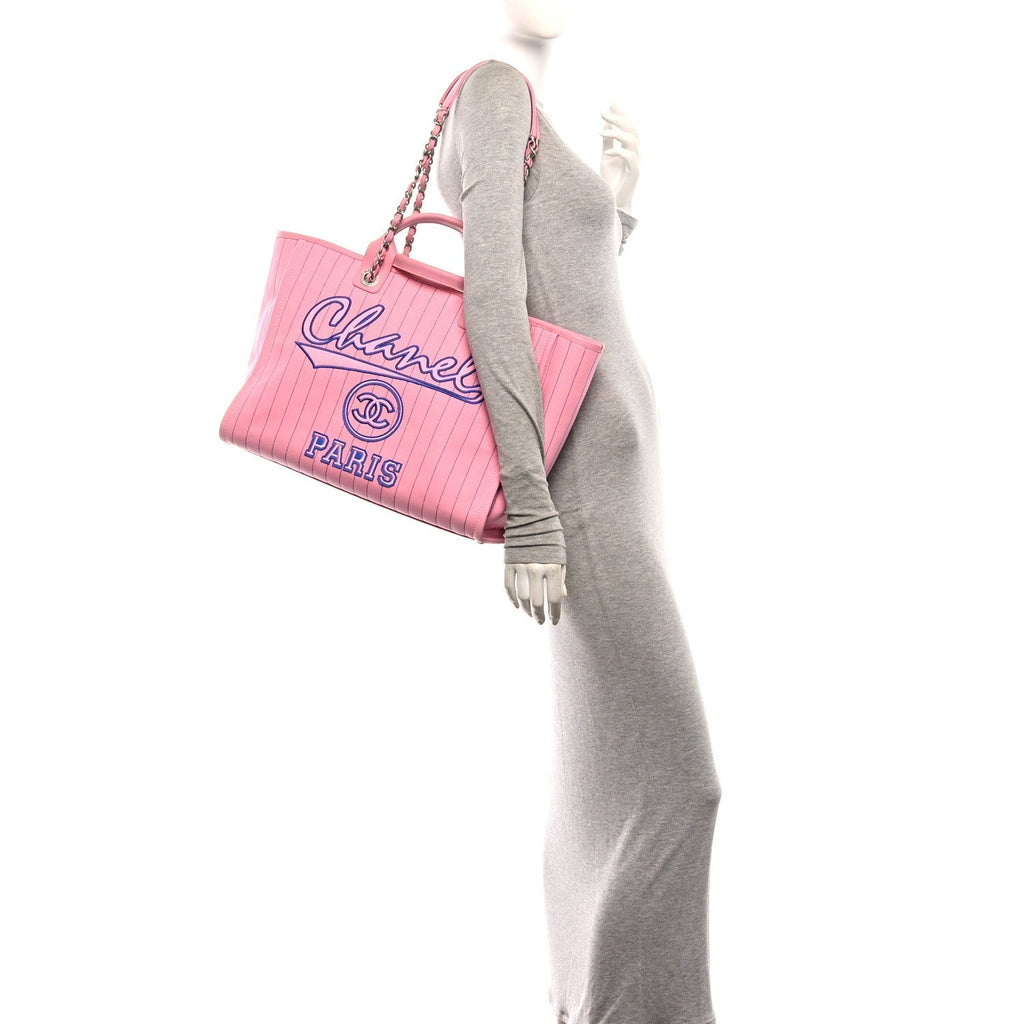 Chanel Canvas Calfskin Striped Large Deauville Tote Pink Blue