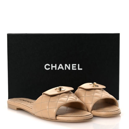 Chanel Lambskin Women's Quilted CC Turnlock Sandals 39 Beige