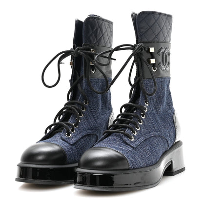 Chanel Fabric Patent Lambskin Women's Quilted CC Lace Up Combat Boots 36.5 Navy Blue Black