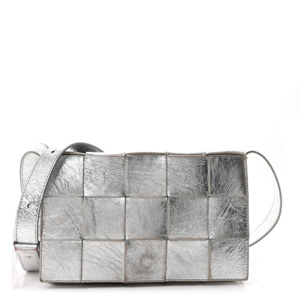 Bottega Veneta Metallic Lambskin Maxi Intrecciato Cassette Crossbody Bag Silver