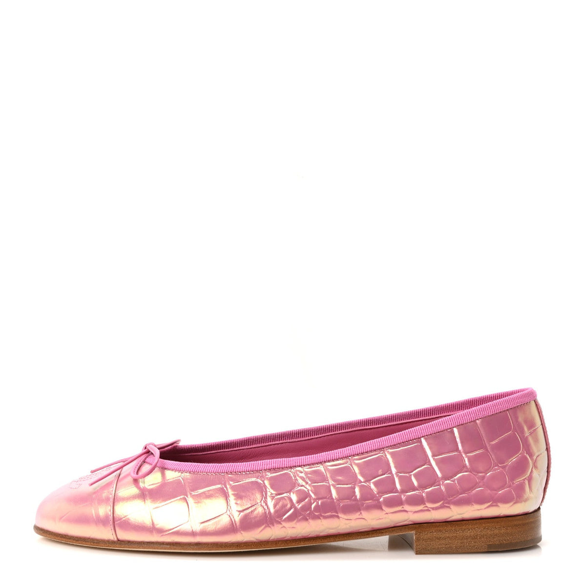 Iridescent Calfskin Crocodile Embossed Ballerina Flats Pink