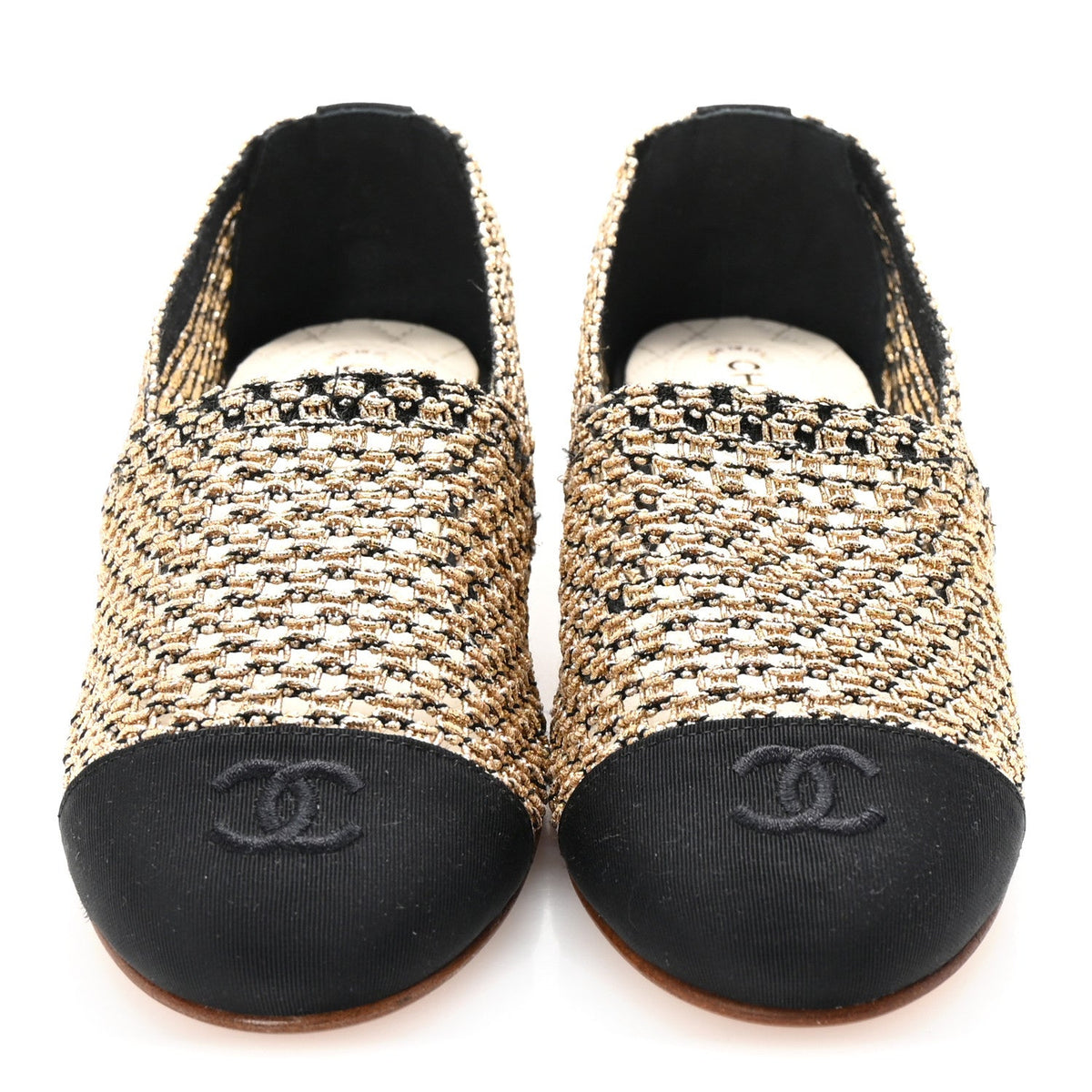 Chanel Knit Grosgrain Women's Cap Toe CC Moccasin Loafers 36 Gold Black