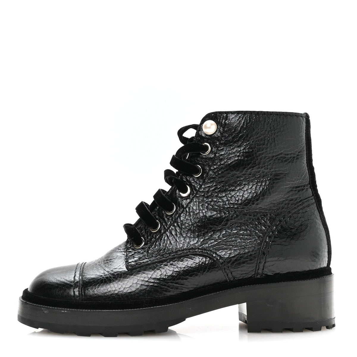 Chanel Shiny Calfskin Velvet Women's Combat Short Boots 37.5 Black