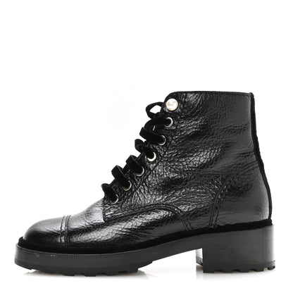 Chanel Shiny Calfskin Velvet Women's Combat Short Boots 37.5 Black