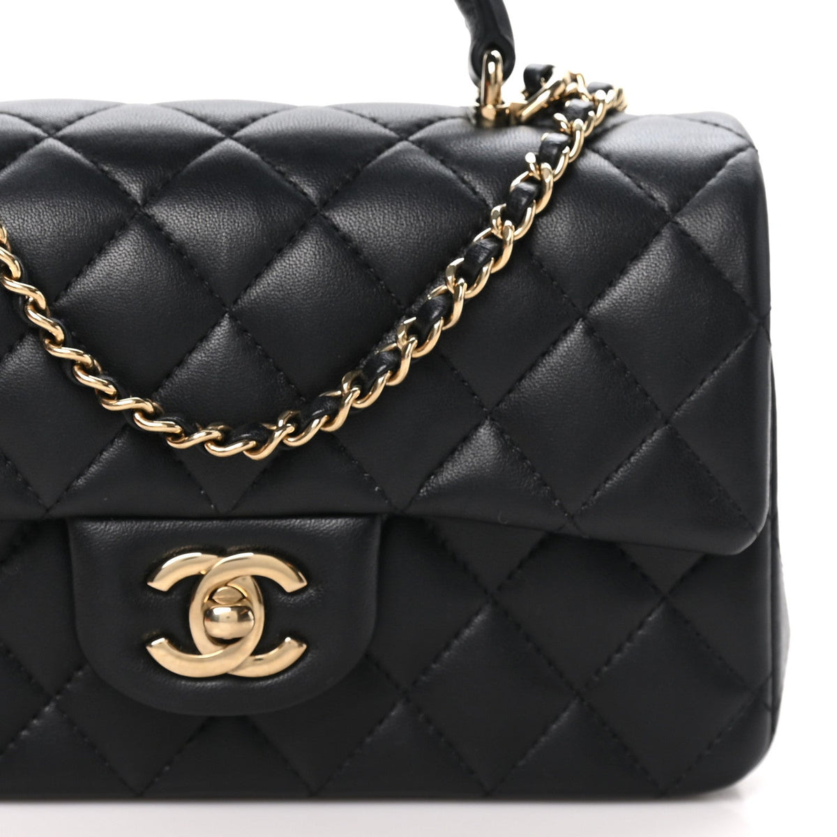 Chanel Lambskin Quilted Mini Top Handle Rectangular Flap Black