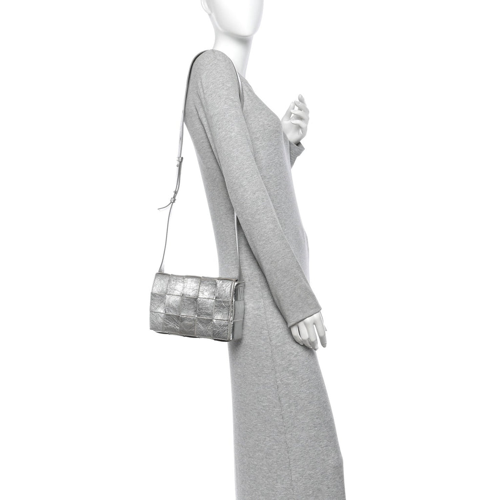 Bottega Veneta Metallic Lambskin Maxi Intrecciato Cassette Crossbody Bag Silver