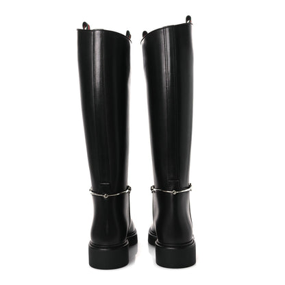 Gucci Shiny Calfskin Women's Michelangelo Slim Horsebit Riding Boots 38 Black