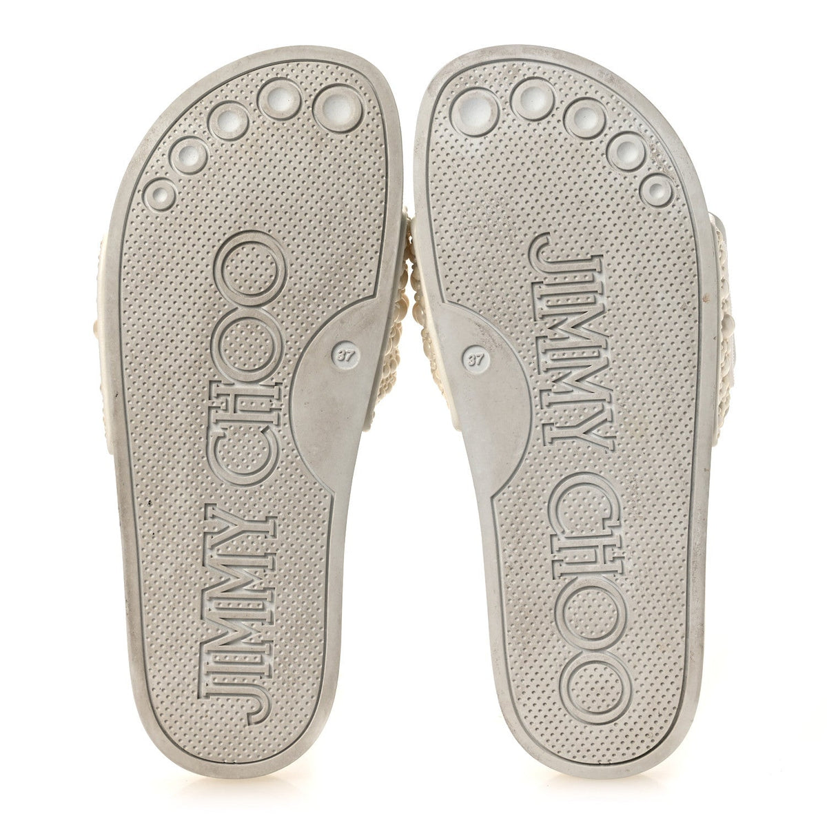 Jimmy Choo Canvas Rubber Women's Pearl Embellished Fitz Slide Sandals 37 White