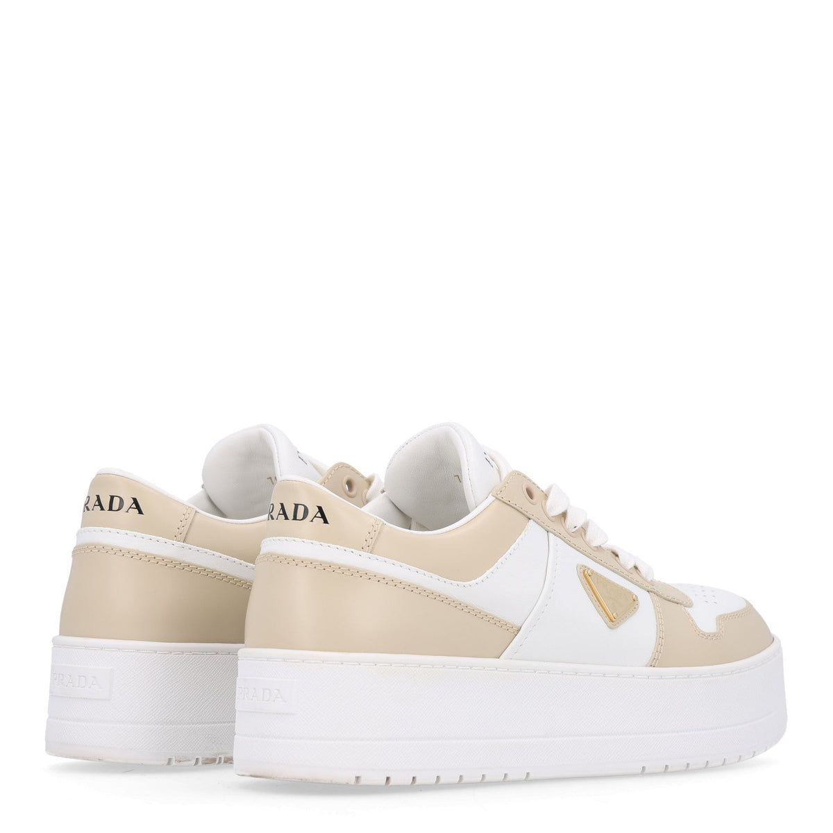 Prada Vitello Rois Triangle Downtown 30mm Women's Sneakers Beige and White