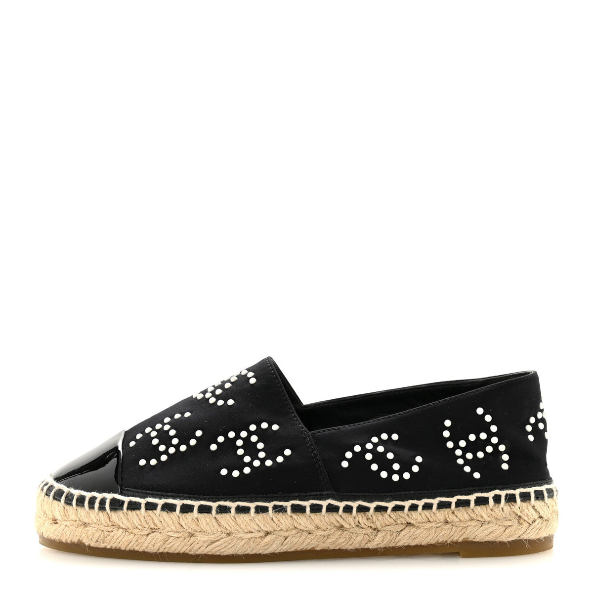 Chanel Neoprene Patent Calfskin Women's Pearl CC Espadrilles 35 Black White