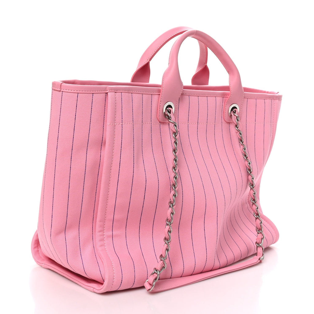 Chanel Canvas Calfskin Striped Large Deauville Tote Pink Blue