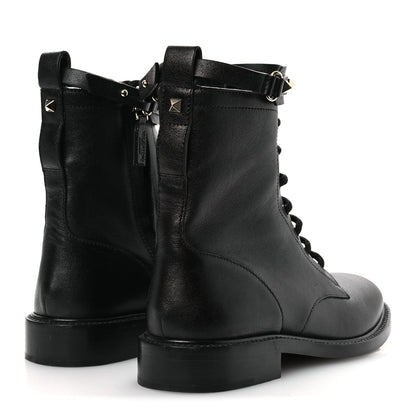 Valentino Garavani Calfskin Women's Rockstud Combat Ankle Boots 37 Black