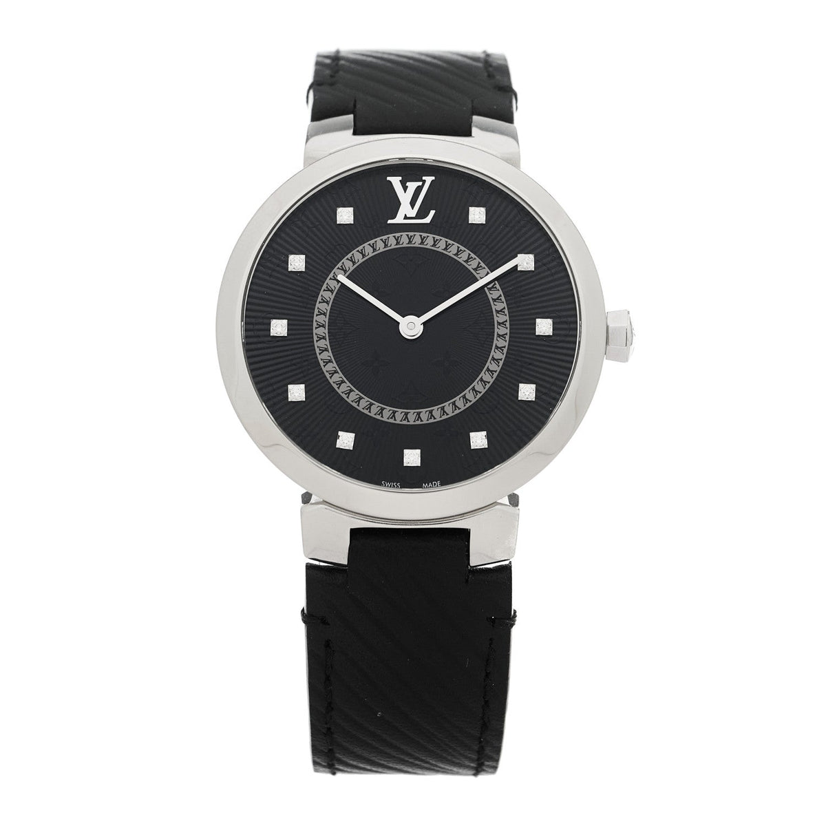 Louis Vuitton Stainless Steel Epi Diamond 33mm Tambour Slim Quartz Watch Black